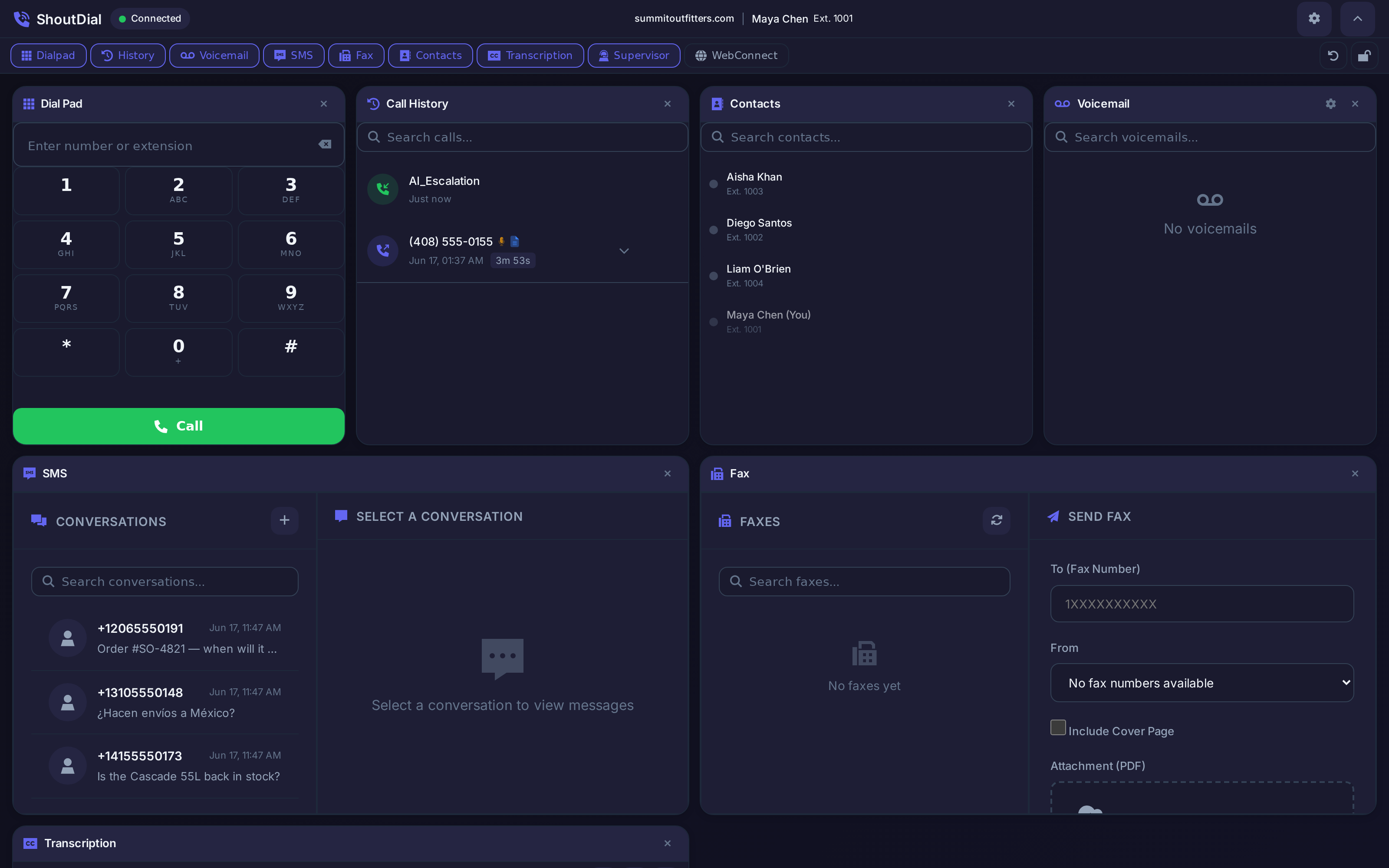 Operator command center — dialpad, call history, contacts, voicemail, SMS, fax
