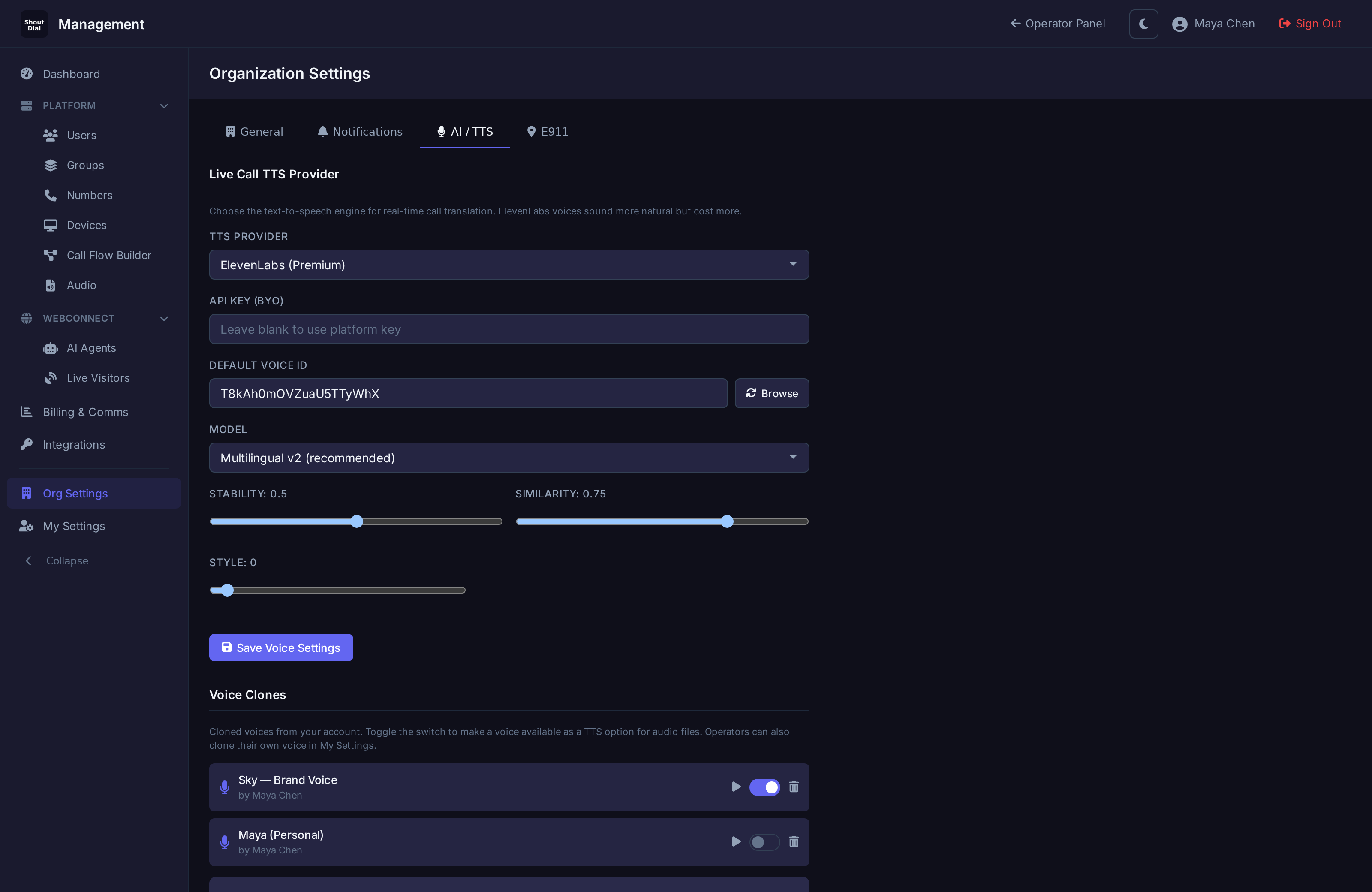Voice clone setup showing TTS provider, voice profiles, and cloning controls