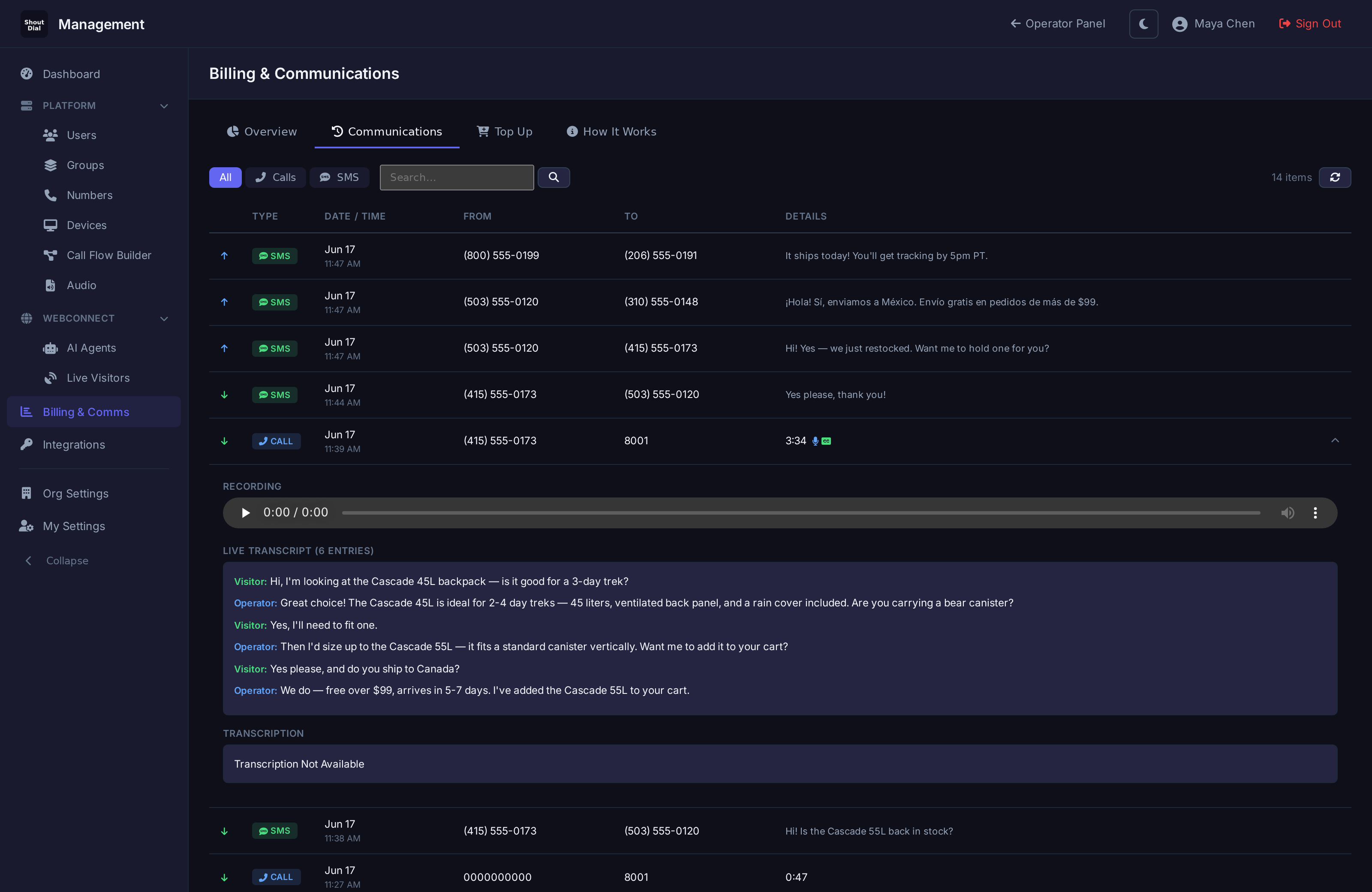 Call recording with AI transcript