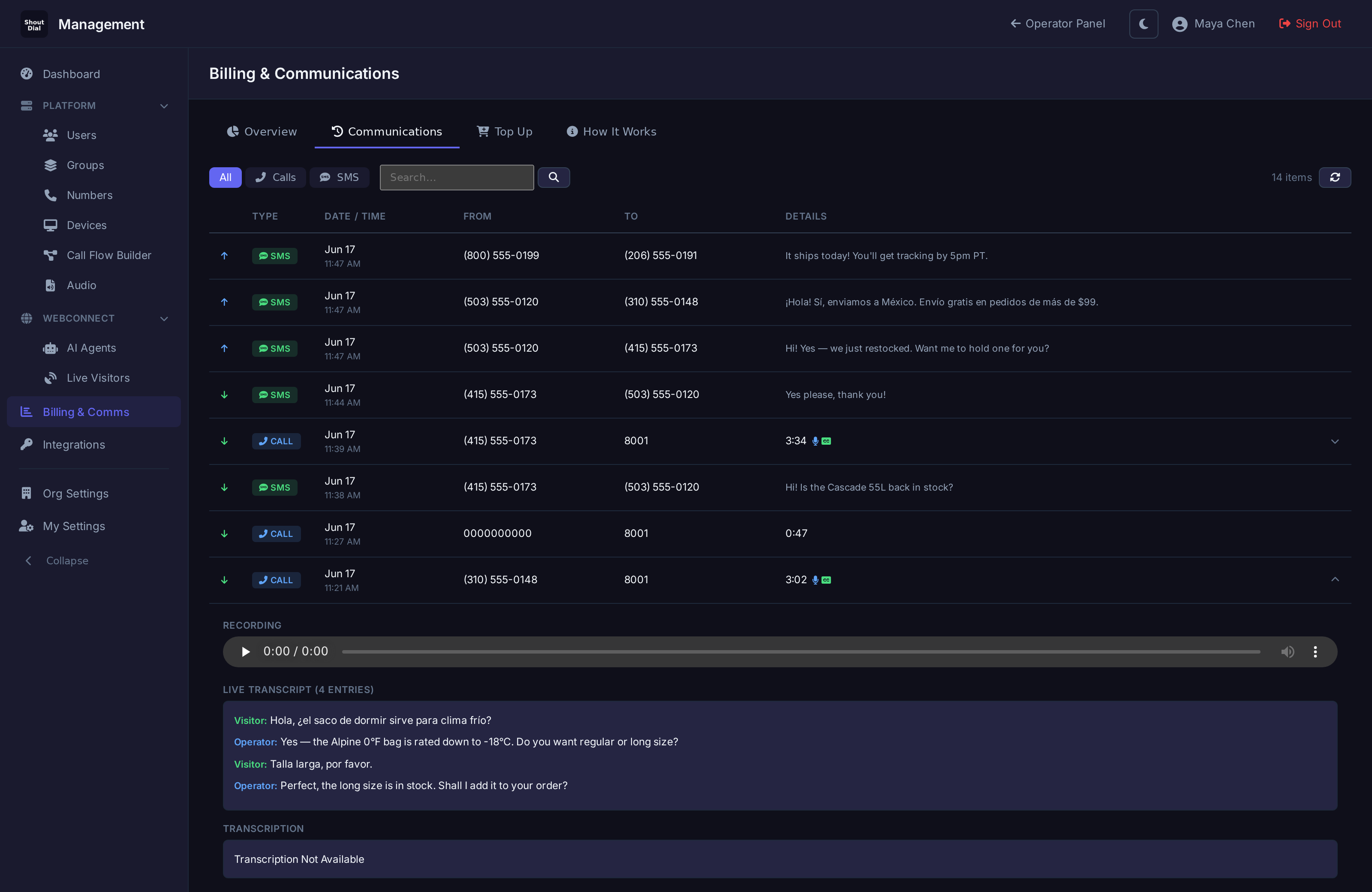 Bilingual call transcript showing Spanish-English real-time translation