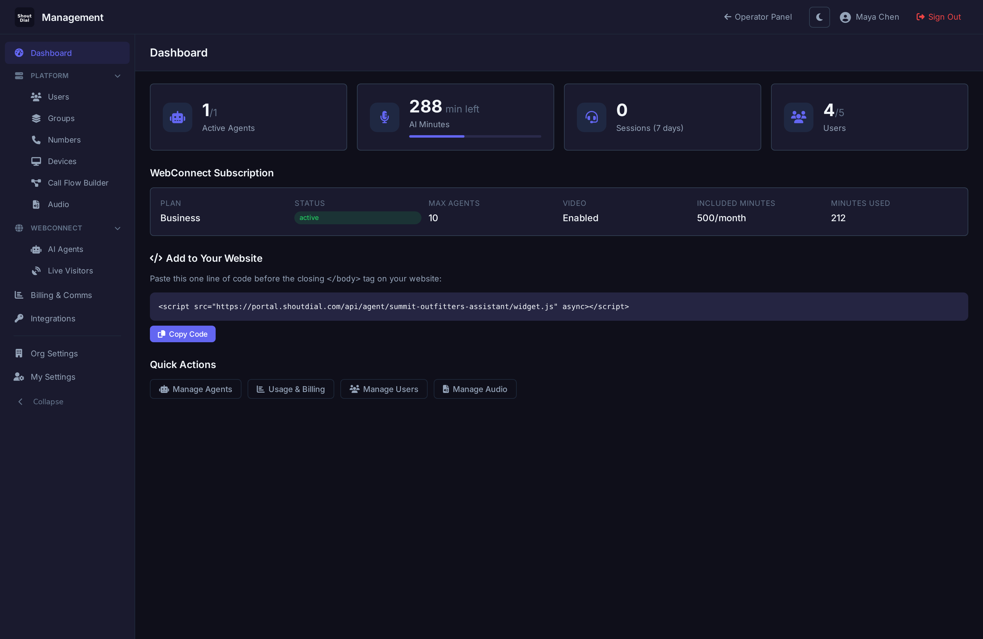 ShoutDial operator dashboard